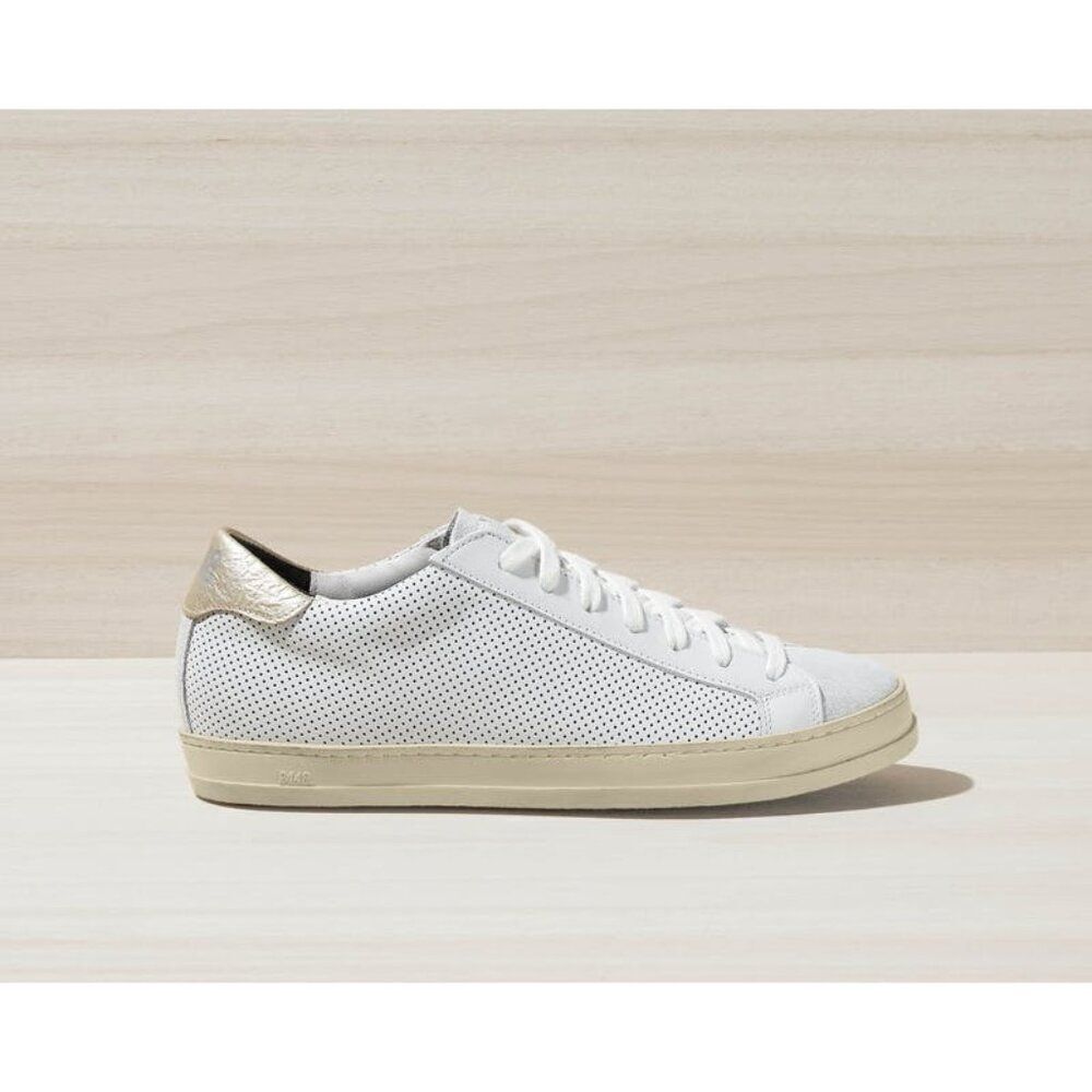 P448 John Perforated Italian Leather Low Top Sneakers White Gold Heel Size 36 EU